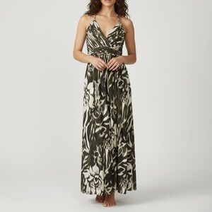 ADRIANNA PAPELL Olive Green White Abstract Print Halter Maxi Summer Sun Dress 8